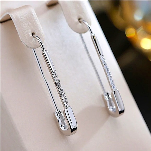 Silver Zircon Safety Pin Earrings, Minimalist, Punk, Gift For Teenager - Picture 7 of 9